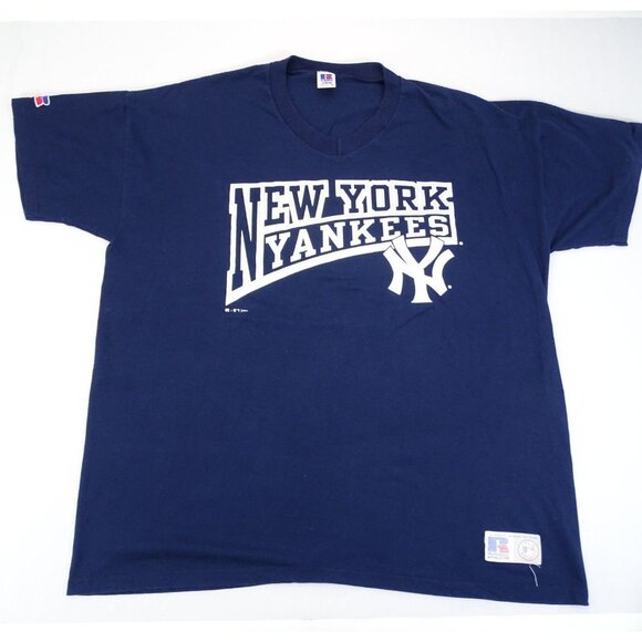 Vintage 2000 Russell Athletic New York Yankees MLB Blue V-Neck T-Shirt XXL‎ USA - Picture 1 of 8